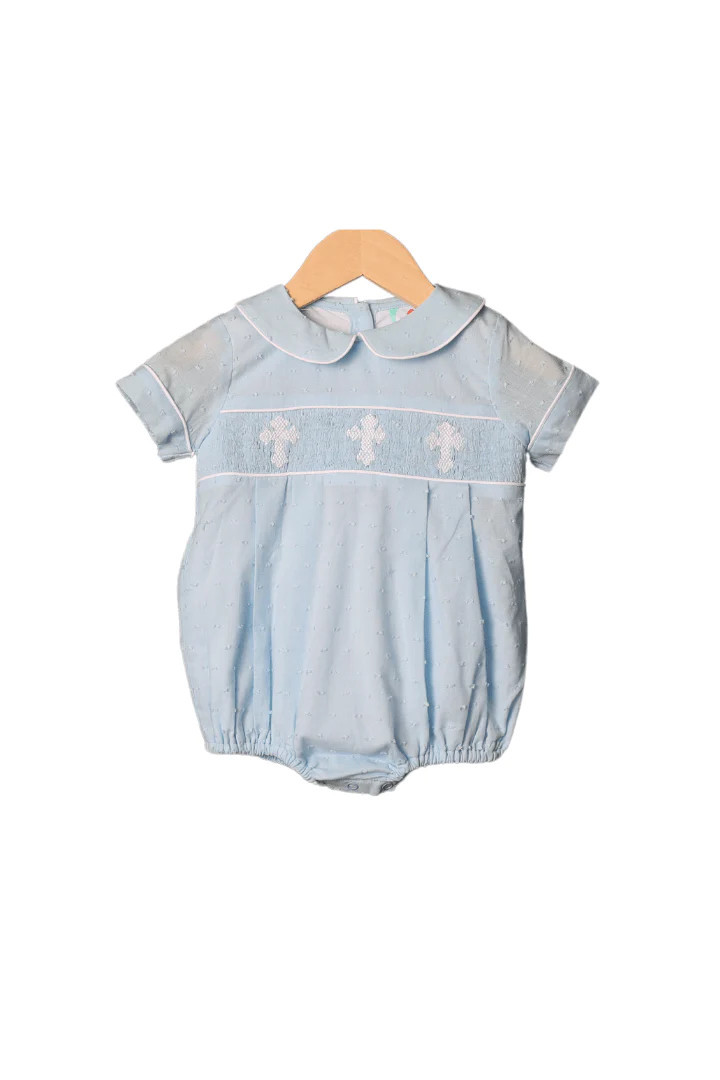 Smocked Cross Blue Swiss Dot Boy Bubble | The Smocked Flamingo