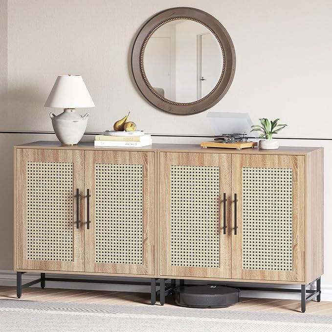 Storage Cabinet with Handmade Natural Rattan Doors, Rattan Buffet Cabinet Sideboard, Accent Cabin... | Amazon (US)