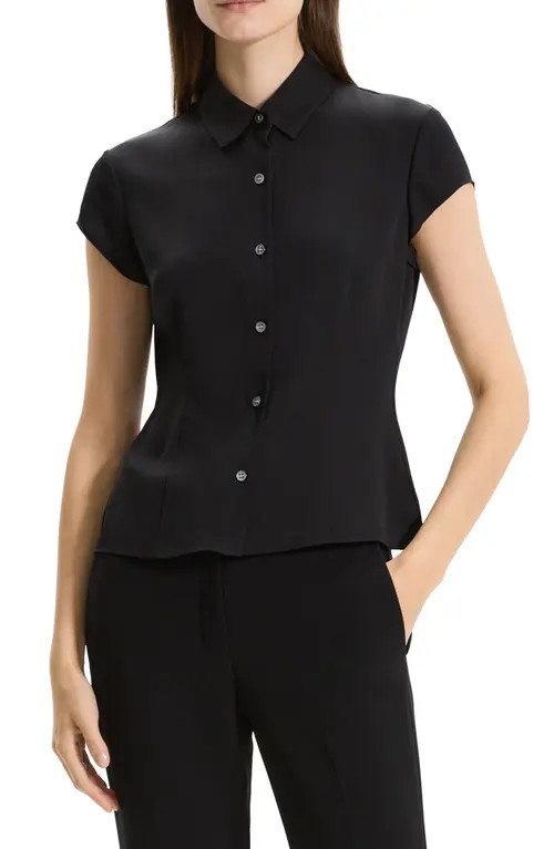 Theory Cap Sleeve Silk Shirt in Black at Nordstrom, Size Small | Nordstrom