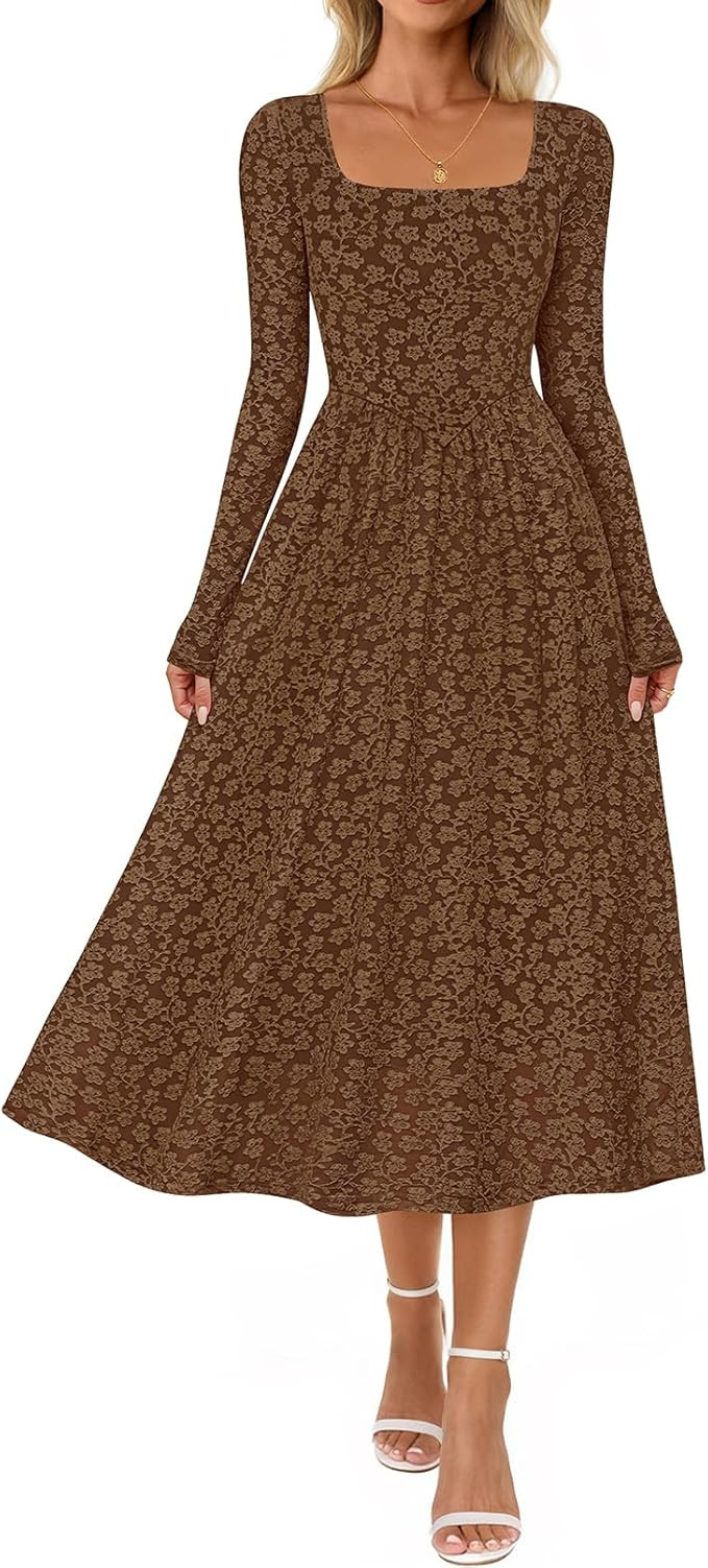MEROKEETY Women's Floral 2025 Fall Midi Dresses Long Sleeve Square Neck Flowy A Line Wedding Ruch... | Amazon (US)