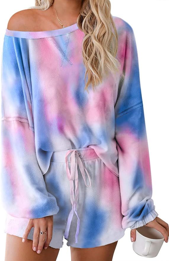 Asvivid Womens Tie Dye Printed Ruffle Short Lounge Set Long Sleeve Tops and Shorts 2 Piece Pajama... | Amazon (US)