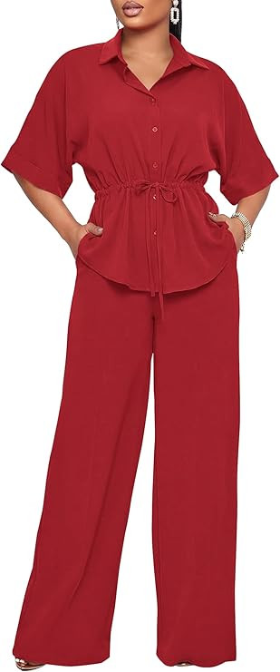 Two Piece Sets for Women Dressy Short Sleeve Button Down Shirt Top Flared Pants Sets Business Pan... | Amazon (US)