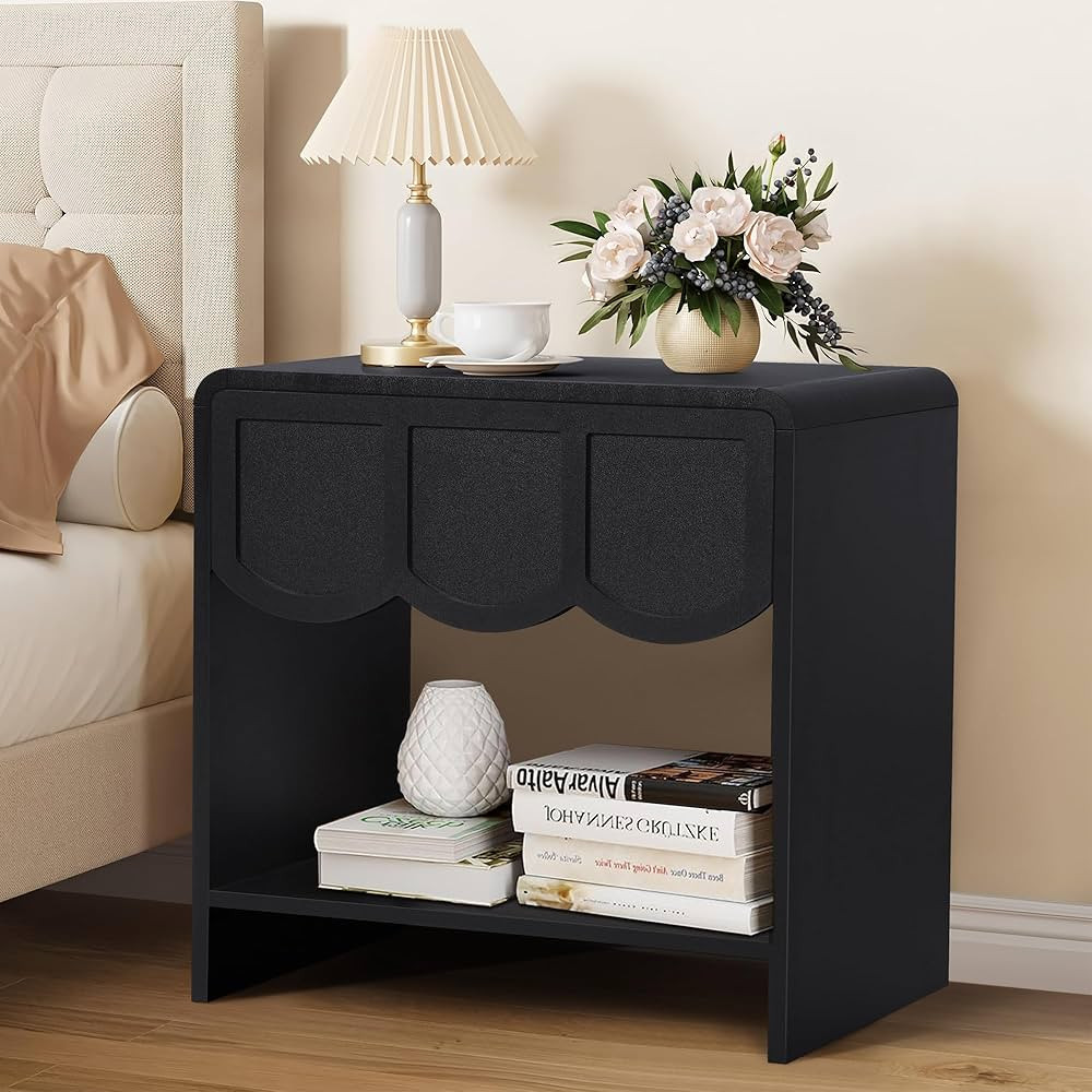 Night Stand, Mid Century Modern Farmhouse Wood Nightstand with Wave Panel Drawer, Bed Side End Ta... | Amazon (US)