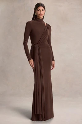 Alastrina | Brown High-Neck Maxi Dress With Gathered-Detailing | Club L London