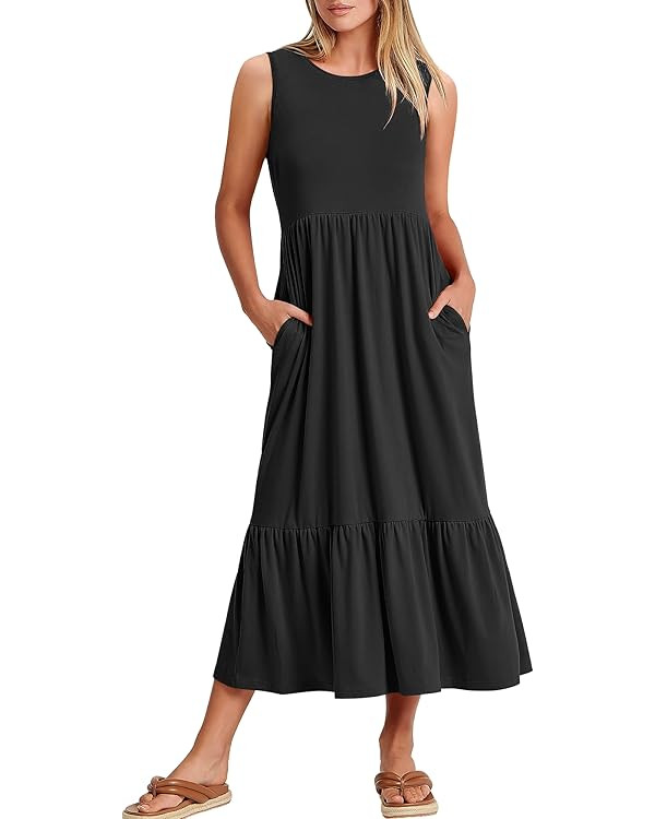 ANRABESS Women Summer Casual Sleeveless Crewneck Sundress Aline Flowy Tiered Maxi Long Beach Dres... | Amazon (US)