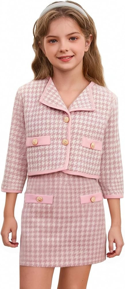 WDIRARA Girl's 2 Piece Houndstooth Outfits Tweed Jacket and Skirt Set | Amazon (US)