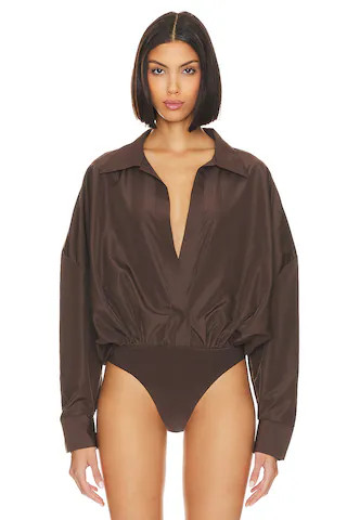 Norma Kamali Oversized Boyfriend Shirt Bodysuit in Chocolate from Revolve.com | Revolve Clothing (Global)