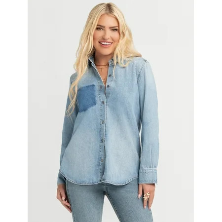 Jessica Simpson Women s Embellished Two Tone Denim Shirt with Long Sleeves Sizes XS-XL | Walmart (US)