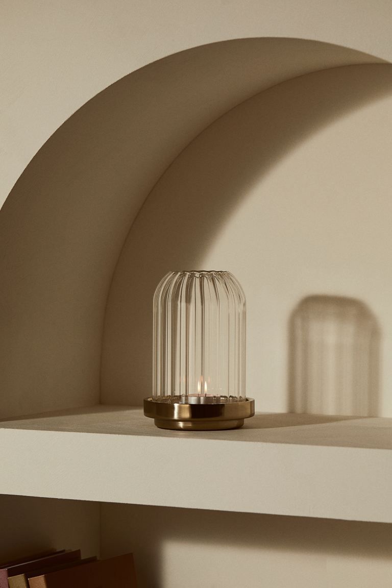 Candle Lantern in Clear Fluted Glass - Gold-colored - Home All | H&M US | H&M (US + CA)