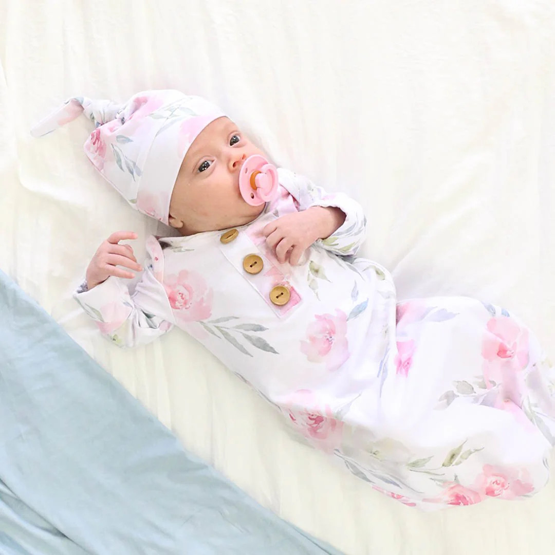 Delaney's Dusty Blush Floral Newborn Baby Knot Gown & Hat | Caden Lane