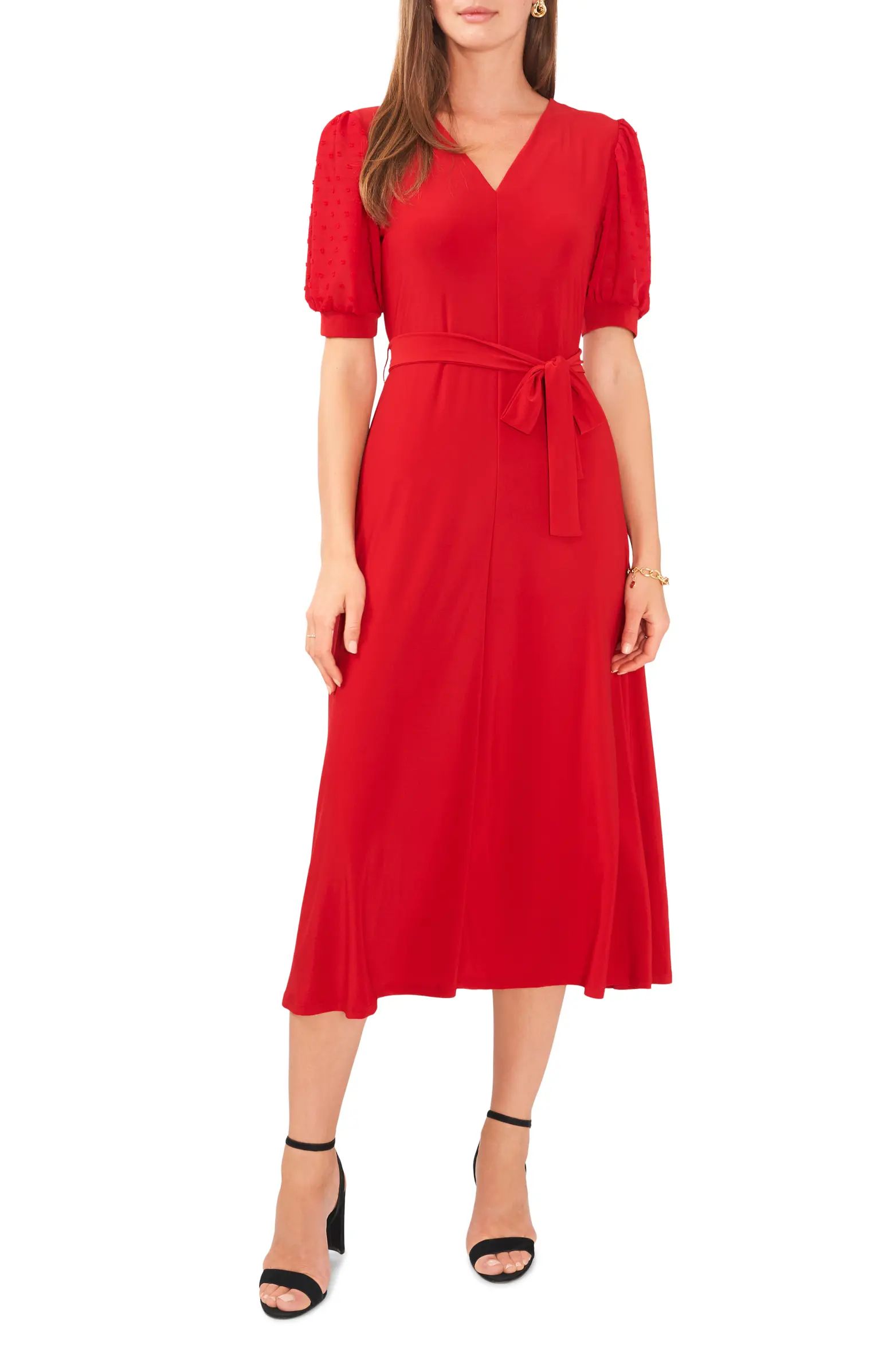 Clip Dot Puff Sleeve Tie Front Midi Dress | Nordstrom