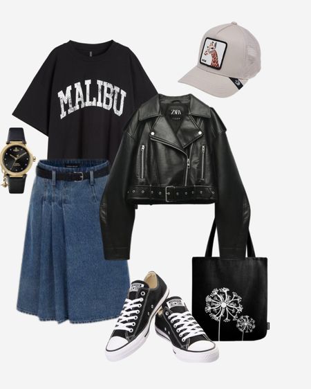 Trendy back-to-school outfit ideas that are so chic. School outfit with oversized tee, denim skirt and vegan leather jacket to give the rock off touch.

#LTKunder100 #LTKBacktoSchool