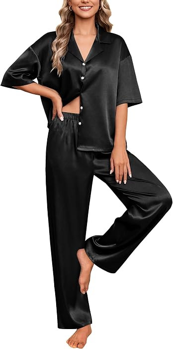 Ekouaer Silk Satin Pajamas Set Women Short Sleeve Pj Sets Button Down Sleepwear 2 Piece Soft Loun... | Amazon (US)
