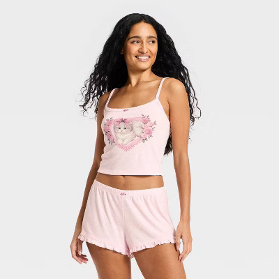 Women's Pointelle Tank Top and Shorts Pajama Set - Wild Fable™ Pink XXS | Target