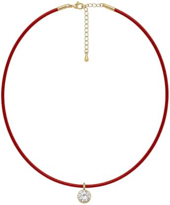 Lenny Necklace | Red Leather CZ 18k Gold Bezel Pendant Necklace – Statement & Everyday Wear (16... | Amazon (US)