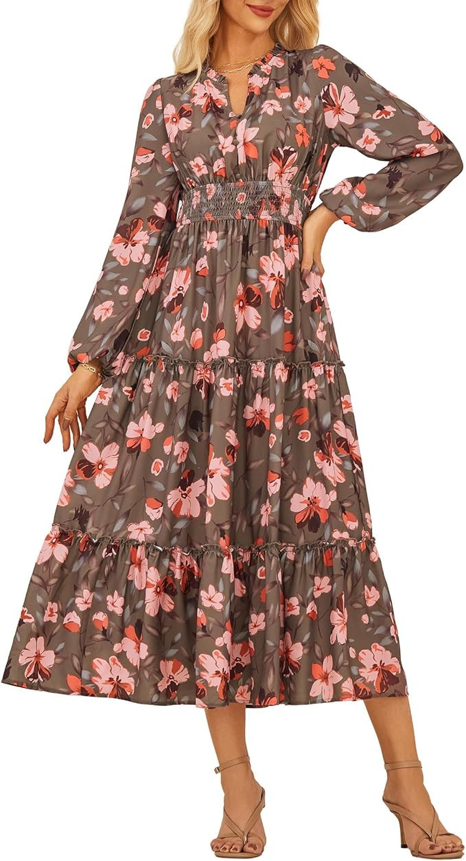 GRACE KARIN Women's Floral Maxi Dress Long Sleeve V Neck Casual A Line Spring Fall Winter Flowy T... | Amazon (US)