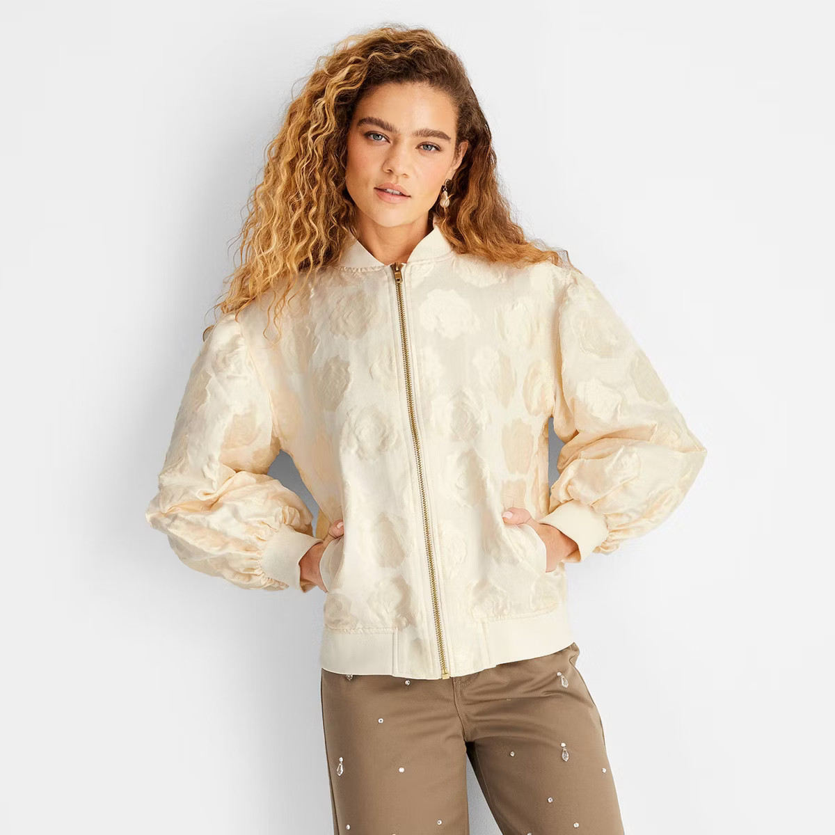 Women's Brocade Relaxed Bomber Jacket - Future Collective Cream Floral M | Target