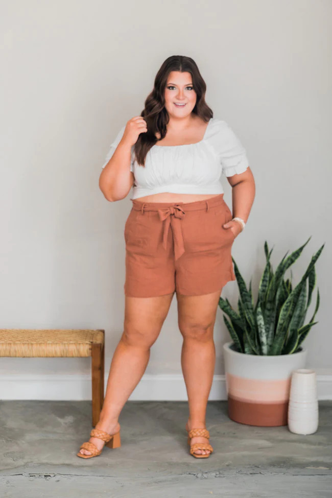 Bayside Stroll Terracotta Paperbag Linen Shorts, 3X Large - Pink Lily | Pink Lily