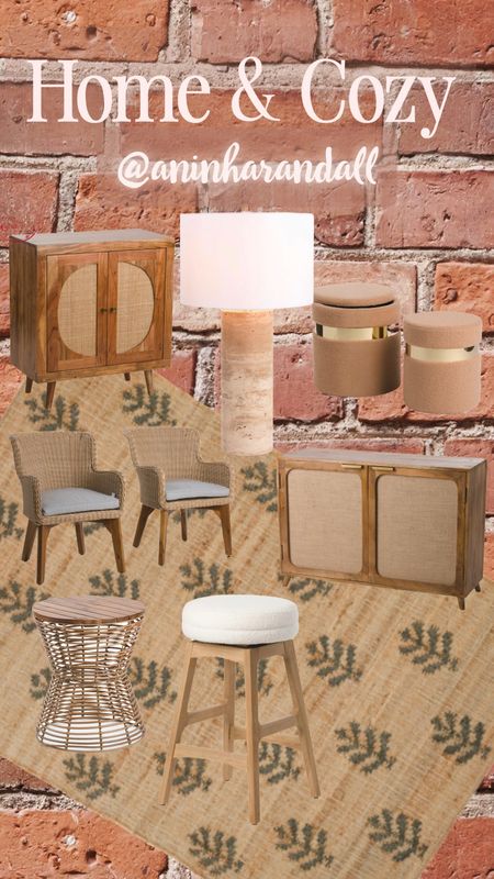 Home & Cozy | rug | Wooden Cabinet | Travertine table lamp | Wood cabinet with Jute doors | Counter stool | Wicker dining chairs | Ottomans | Wood top table

#LTKwedding #LTKhome #LTKfamily