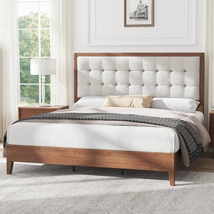 AMERLIFE Queen Size Solid Wood Bed Frame with Tall Tufted Headboard, Mid-Century Style, No Box Sp... | Amazon (US)