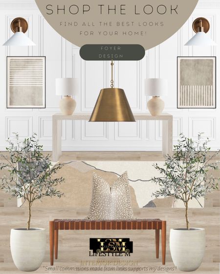 Modern farmhouse, transitional foyer design idea. Recreate the look at home with these furniture and decor finds! Leather wood bench, wood console table, terracota tree planter pot, realistic fake tree, modern runner, beige modern throw pillow, table lamp, brass pendant light, wall sconce light, wall art. West Elm

#LTKhome #LTKFind #LTKstyletip