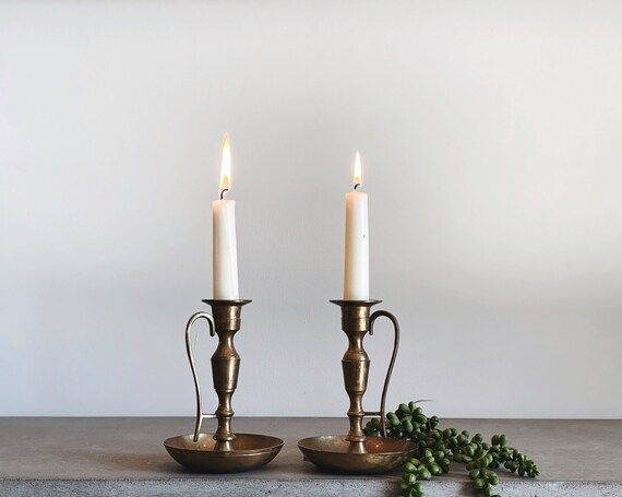 VINTAGE  Set of Two Brass Candle Holders  European Farmhouse - Etsy | Etsy (US)