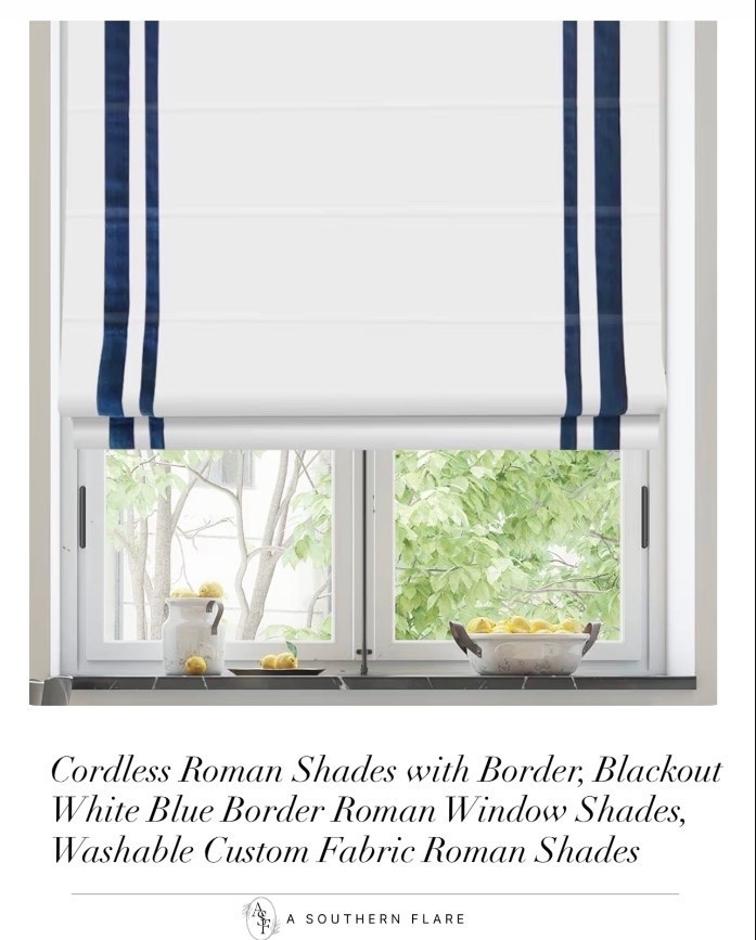 Cordless Roman Shades with Border, Blackout White Blue Border Roman Window Shades, Washable Custom Fabric

#LTKHome