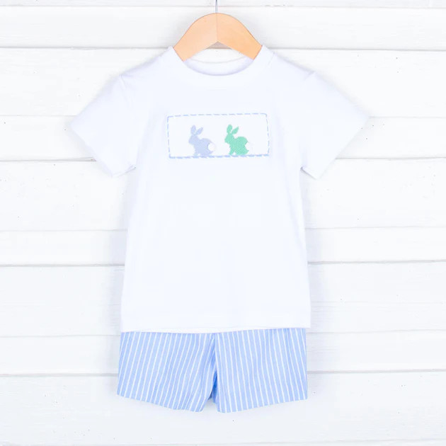 Pastel Smocked Bunny Light Blue Short Set | Classic Whimsy