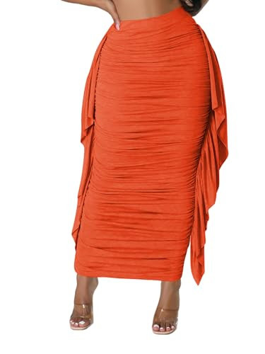 MAYFASEY Women's Elastic High Waist Ruched Slim Bodycon Side Tassels Fringe Long Maxi Pencil Skirts Orange M | Amazon (US)