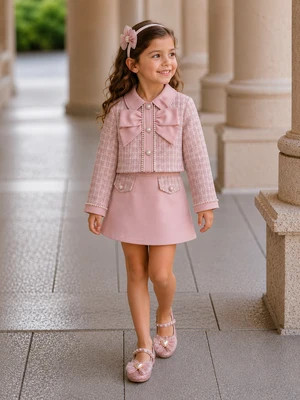 Elegant Pearl Trim Pink Jacket & Skirt Set Pink / 6Y | Mia Belle Girls