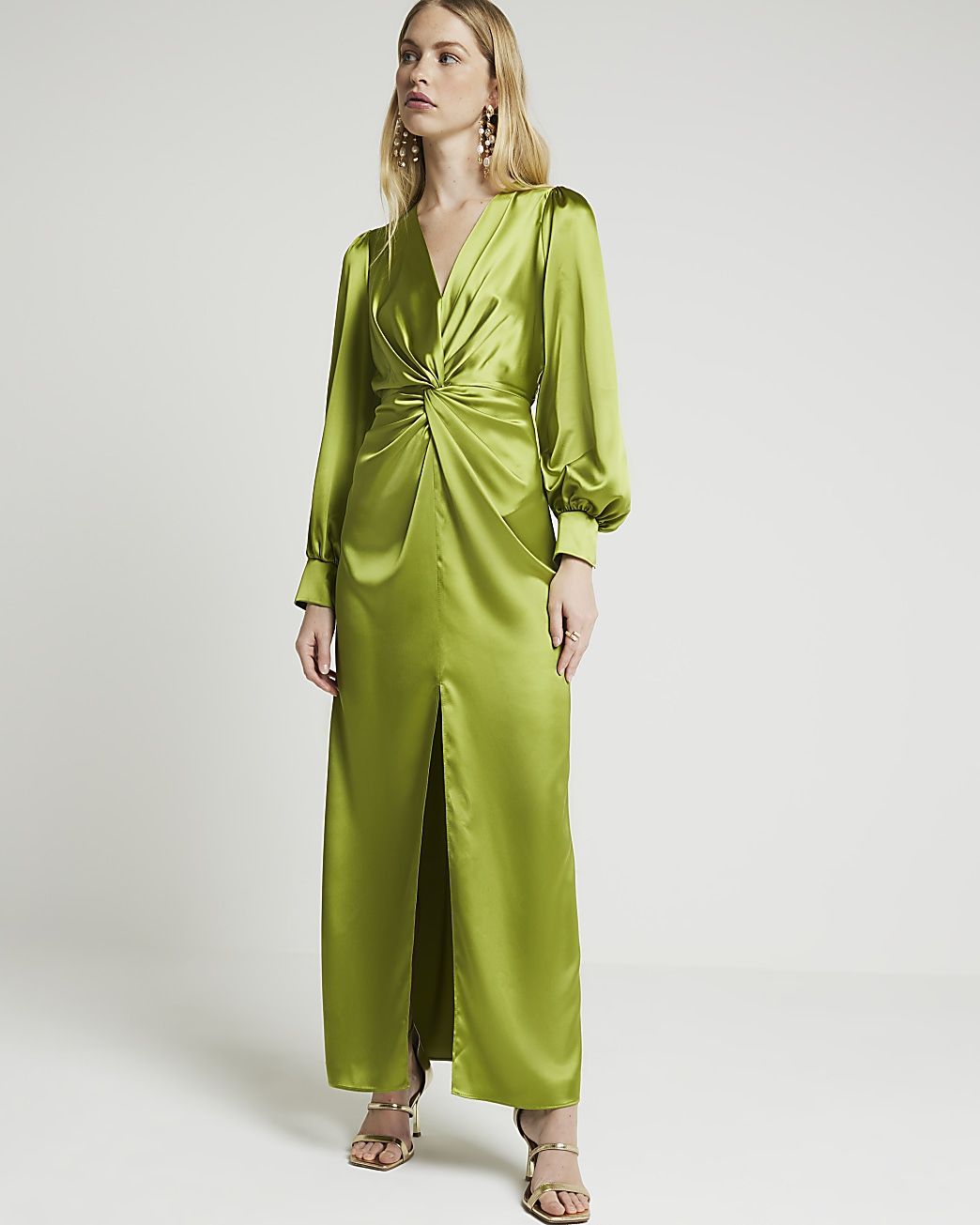 Green satin twist front shift maxi dress | River Island (UK & IE)