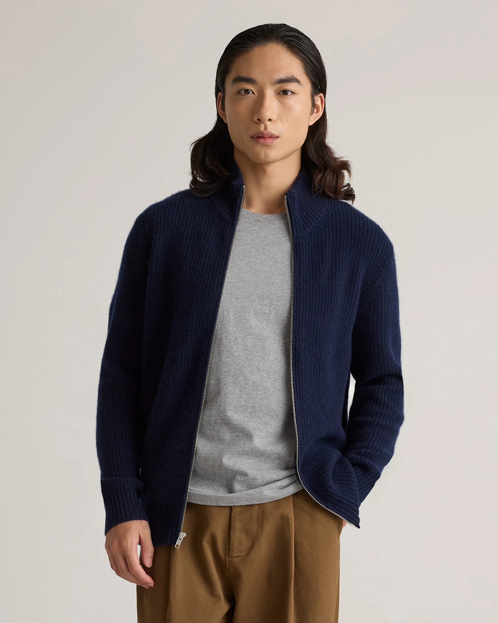Quince | Men's Mongolian Cashmere Fisherman Full Zip Sweater in True Navy, Size Small | Quince