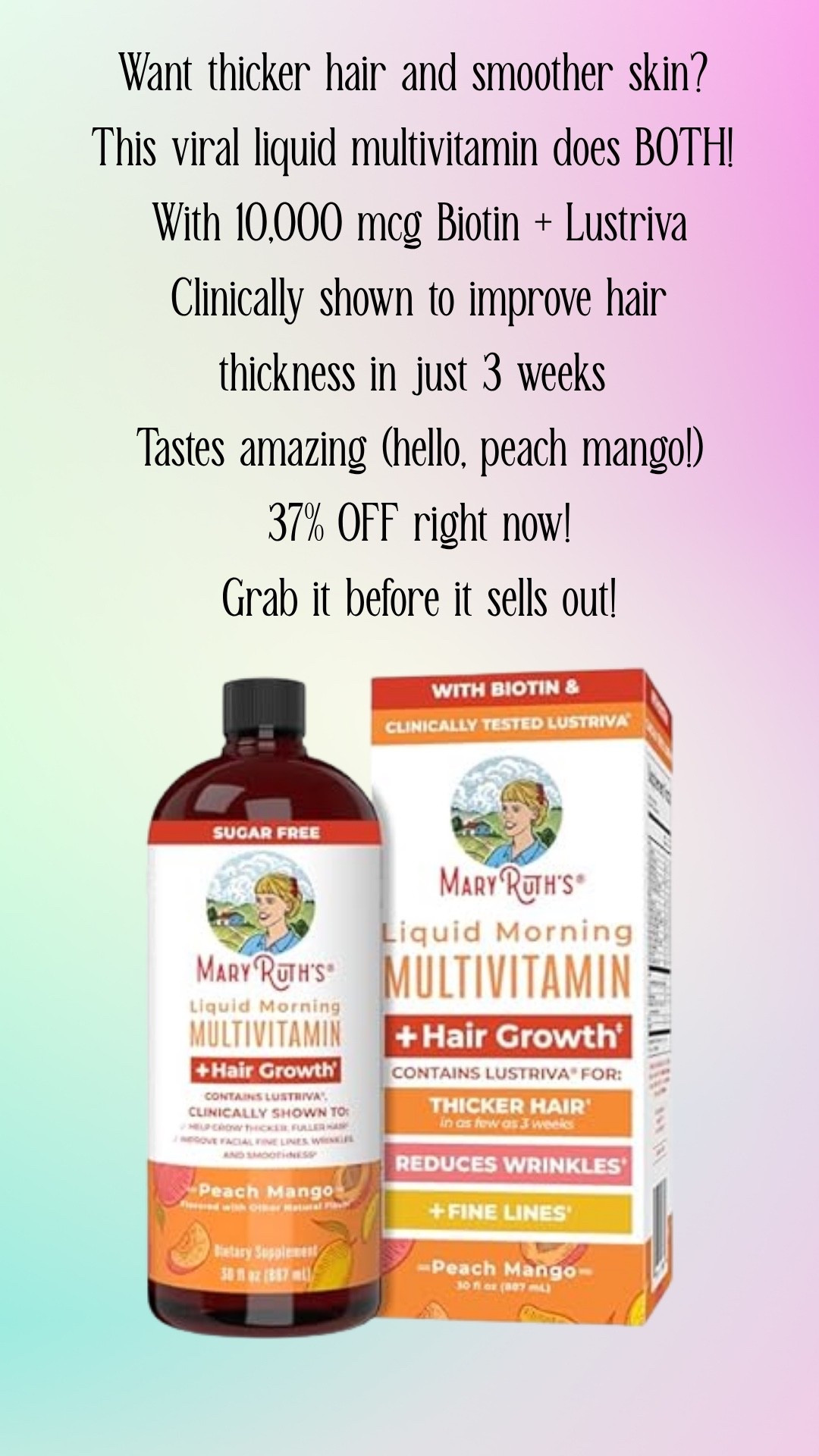 Thicker Hair, Glowing Skin & a Daily Multivitamin? Yes, Please 💁‍♀️✨

If you’re on the hunt for a liquid supplement that actually does what it promises, this one’s been going viral for a reason. The MaryRuth Organics Liquid Multivitamin + Hair Growth combines essential nutrients with clinically-tested Lustriva and 10,000 mcg of Biotin to deliver real results — inside and out.

🌟 Results You Can See: In a clinical study, women taking Lustriva experienced improved hair thickness in as little as 3 weeks, and also saw smoother skin and fewer fine lines over time.
💧 Liquid = Better Absorption: Your body absorbs nutrients more effectively in liquid form, and this blend includes B vitamins, vitamin C, vitamin D3, and skin-loving antioxidants.
🍑 Tastes Like a Smoothie: Choose from Peach Mango or Dragon Fruit Melon — and yes, it actually tastes good.
👩‍🔬 What’s Inside: Biotin, methylated folate, Lustriva, B-complex, aloe, chromium picolinate, and more — all in 2 tbsp a day.
📉 Currently 37% OFF — but Prime Day deals don’t last forever.

💁‍♀️ Whether you're aiming for longer, stronger hair, healthier skin, or just need a daily wellness boost, this multivitamin covers it all.

✨ Liquid multivitamin for hair growth
✨ Biotin + Lustriva for thicker hair and smoother skin
✨ Vegan, easy-to-digest formula for women 18+
✨ Clinically tested ingredients + real results

#amazonfinds #primedaydeals #amazonprimedays

#LTKOver40 #LTKBeauty