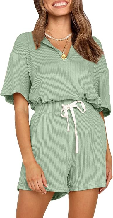 CHYRII Women Casual Ribbed Notch Neck Lounge Sets Short Sleeve Tops and Shorts Two Piece Pajamas ... | Amazon (US)