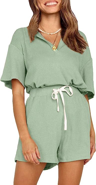 CHYRII Women Casual Ribbed Notch Neck Lounge Sets Short Sleeve Tops and Shorts Two Piece Pajamas ... | Amazon (US)