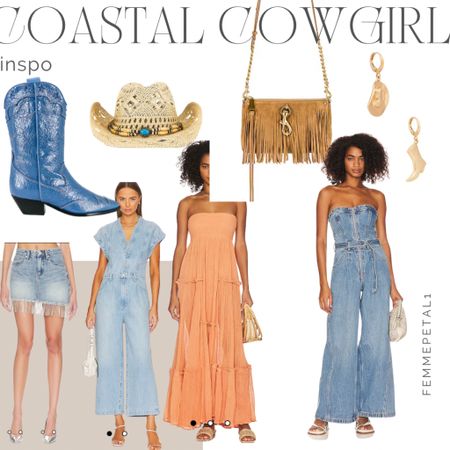 Coastal cowgirl outfit ideas, cowboy boots, coastal cowboy hat, denim jumpsuit, coastal maxi dress, rhinestone denim skirt, leather fringe purse, cowboy boot earrings 

#LTKFestival #LTKSeasonal #LTKstyletip