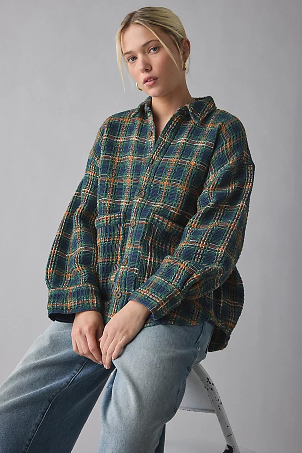 BDG Bryson Waffle Plaid Oversized Button-Down Shirt in Green, Women's at Urban Outfitters | Urban Outfitters (US and RoW)