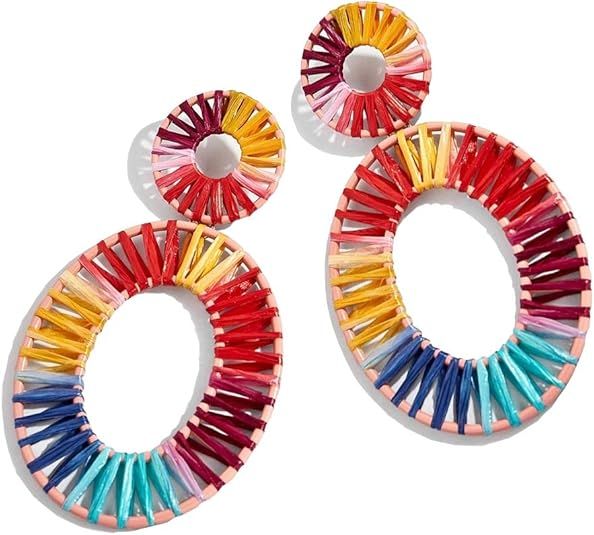 Statement Rattan Raffia Hoop Drop Earrings for Women Geometric Handmade Colorful Rainbow Earring ... | Amazon (US)