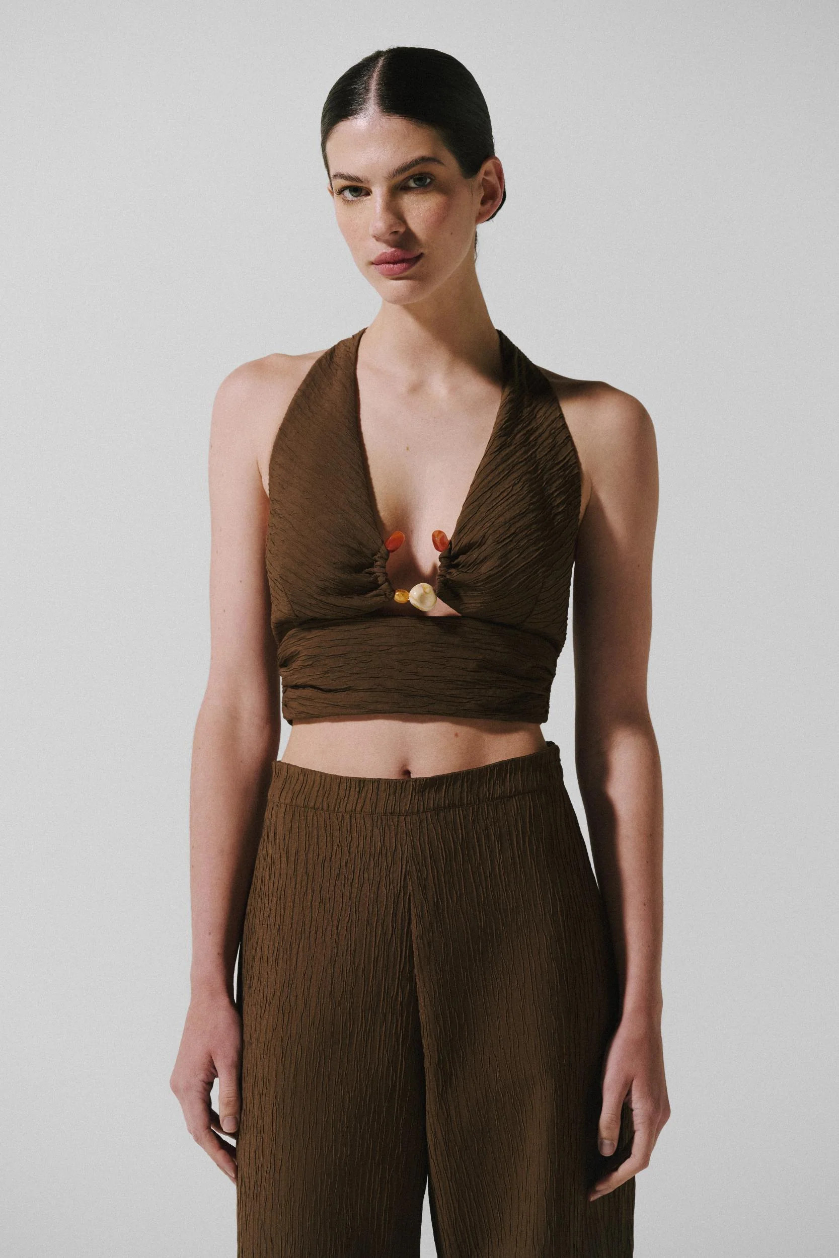 Louise Crop Top Brown in Textured Fabric - Spring Summer 26 | BAOBAB INT