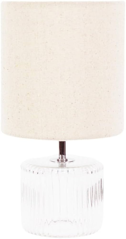 Clear Glass Base Table Lamp with Natural Fabric Drum Lampshade Living Room Bedside Light - LED Bu... | Amazon (UK)