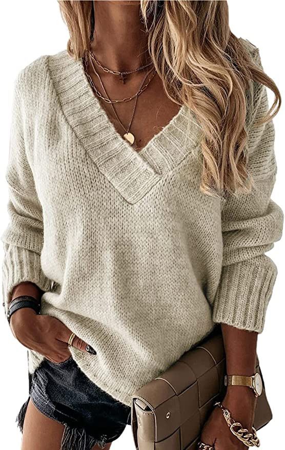 EVALESS Oversized Sweaters for Women Sexy Deep V Neck Long Sleeve Cable Knit Sweater Loose Jumper... | Amazon (US)
