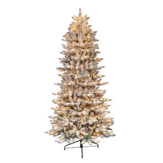 Puleo International 7.5 ft. Pre-Lit Flocked Slim Fraser Fir Artificial Christmas Tree with 500 UL... | The Home Depot