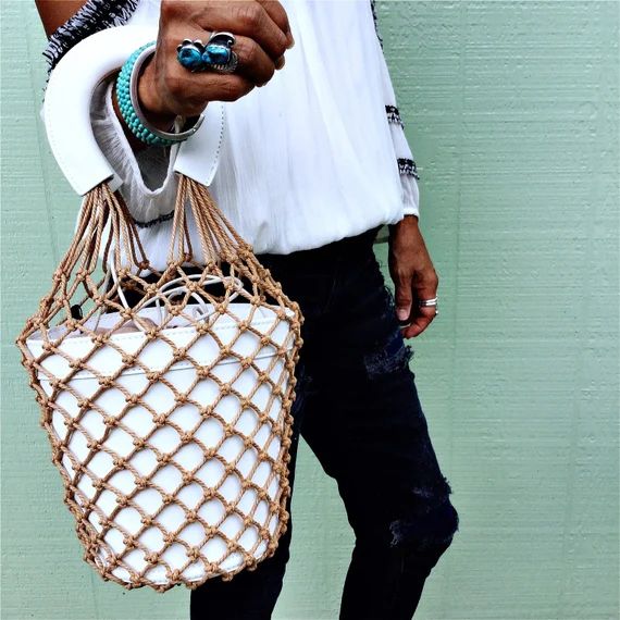 Macrame Leather Bucket Bag| Summer BOHO Trend| Stylish Fishnet Bag| Fashion Handbag| Soft paddle ... | Etsy (US)