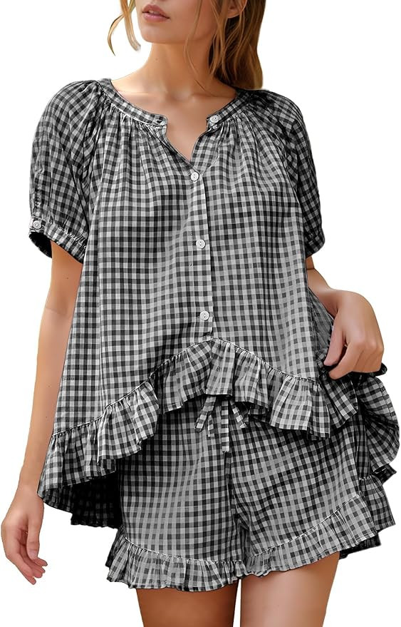 Flygo Womens Gingham Pajamas Set 2 Piece Cotton Pj Lounge Sets Puff Sleeve Ruffle Babydoll Shirt ... | Amazon (US)