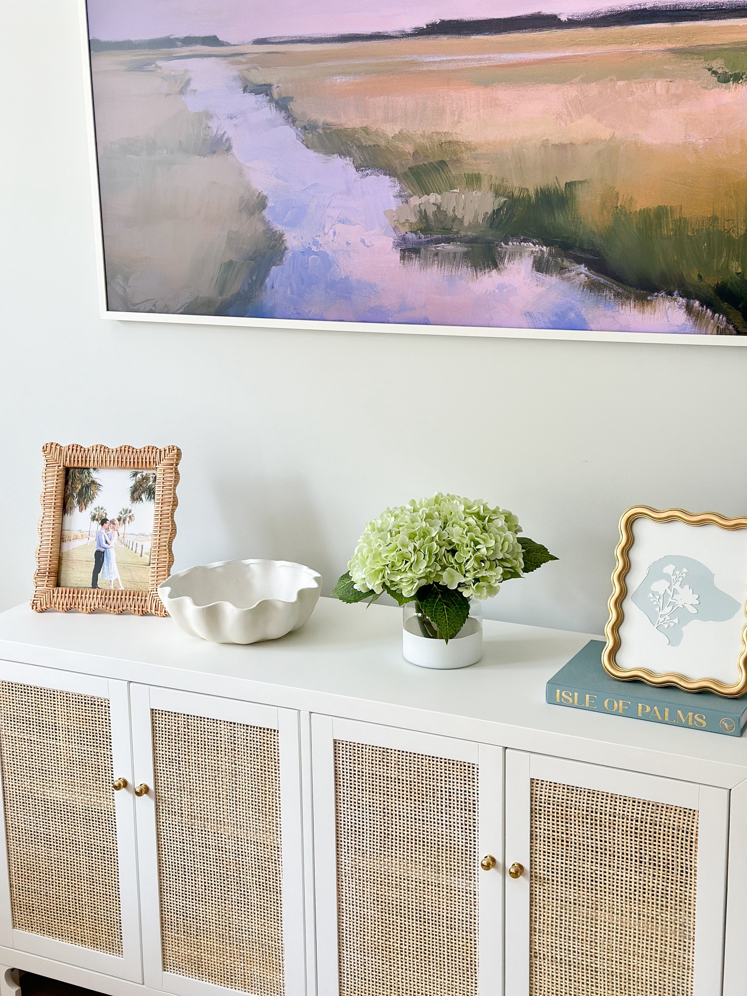TV console styling! Frame TV art is by Kelly Pelfrey 

Living room decor, living room furniture, TV console, console table, coastal Grandmillennial, blue and green, landscape art, Amazon decor, Amazon home 

#LTKStyleTip #LTKHome
