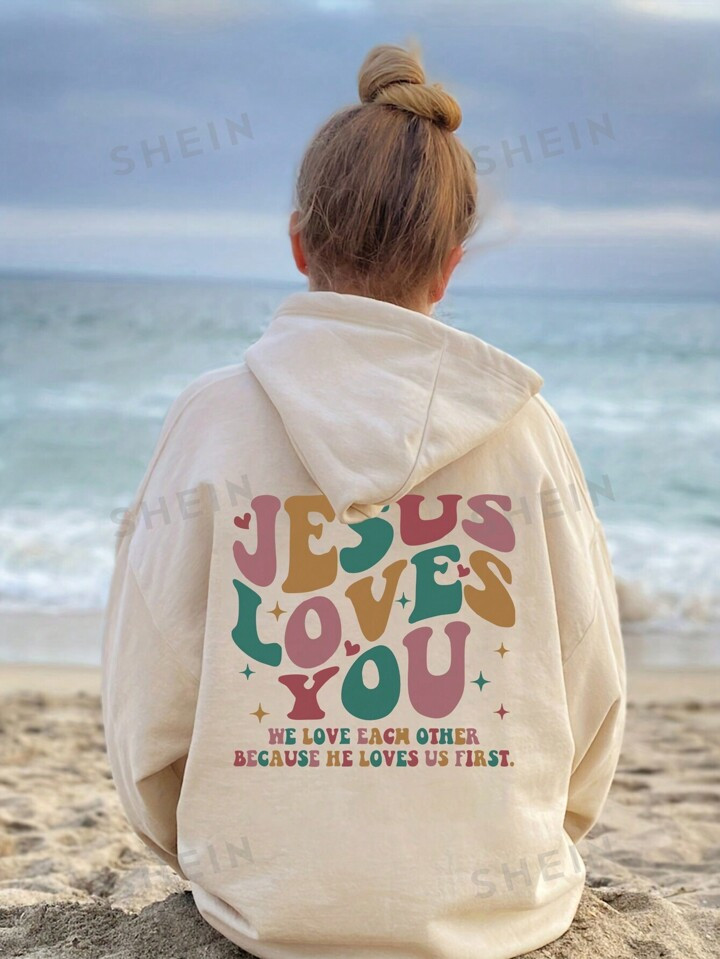 Slogan Graphic Drop Shoulder Drawstring Hoodie | SHEIN