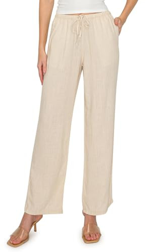 Cali1850 Women's Linen Pants - 30" Inseam Drawstring Elastic Waist Casual Pull On Beach Lounge Trousers with Pockets Oatmeal | Amazon (US)