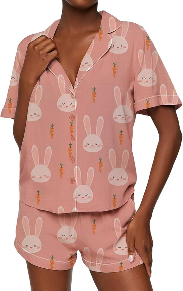 Women Bunny Easter Pajama Set Short Sleeve Button Down Shirt and Shorts 2 Piece Easter Day Outfit | Amazon (US)