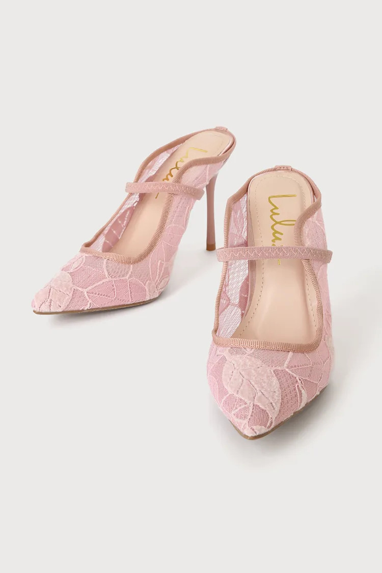 Gillay Pink Lace Pointed-Toe Stiletto Mules | Lulus (US)