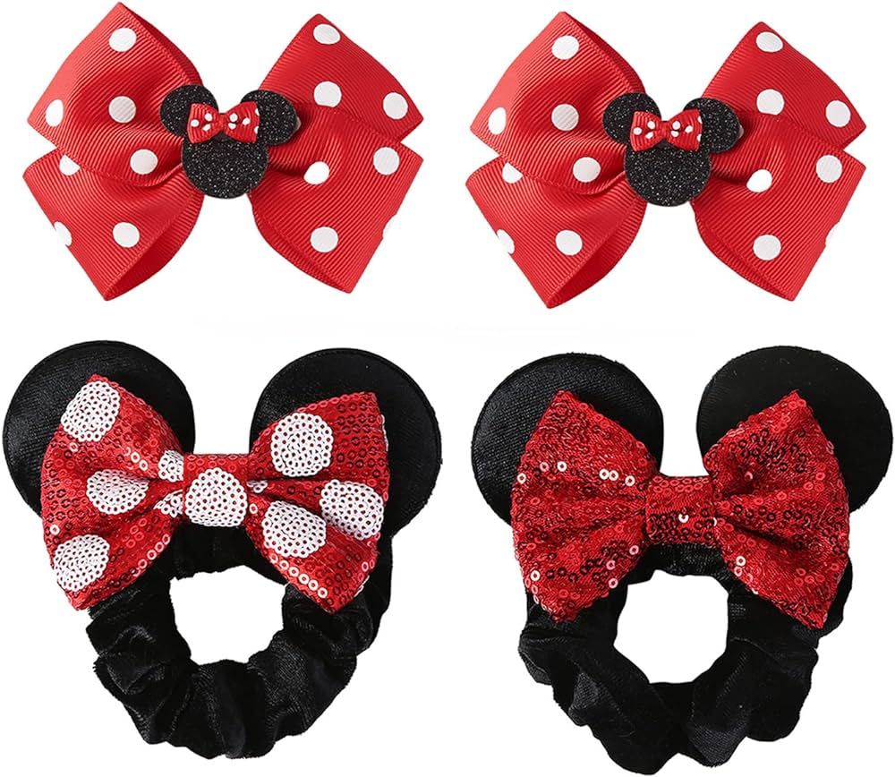 4PCS Mouse Ear Scrunchies & Mouse Ears Hair Bow Clips Red Polka Dot Hair Ties for Girls Women Cos... | Amazon (US)